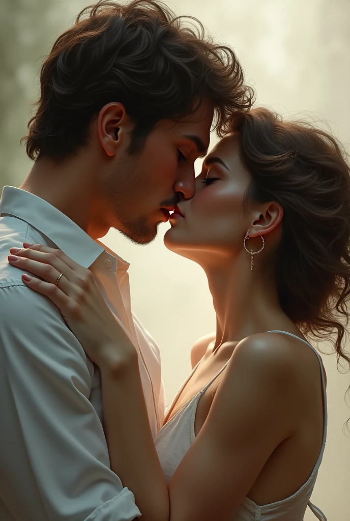A man and a woman, lost in a passionate embrace, their lips meeting in a tender kiss. The image is rendered in a dreamy, ethereal style, capturing the essence of love and intimacy. The background is a soft, ethereal blur, creating a sense of depth and mystery.

[A romantic portrait capturing the essence of love and intimacy, reminiscent of the work of  Greg Rutkowski], [Soft, diffused lighting, highlighting the textures of the couple's skin and hair, with a blurred background, creating a sense of depth and mystery. The colors are muted and ethereal, evoking a sense of romance and longing.]