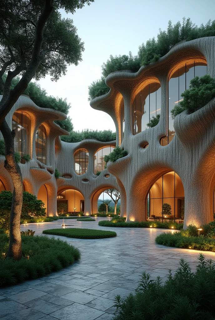Public space or building inspired by a molle tree that is functional and with good morphology with green areas and good lighting