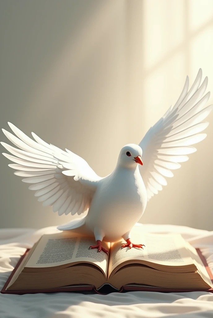 Make a drawing, where a white dove appears symbolizing peace, and a bible in the background