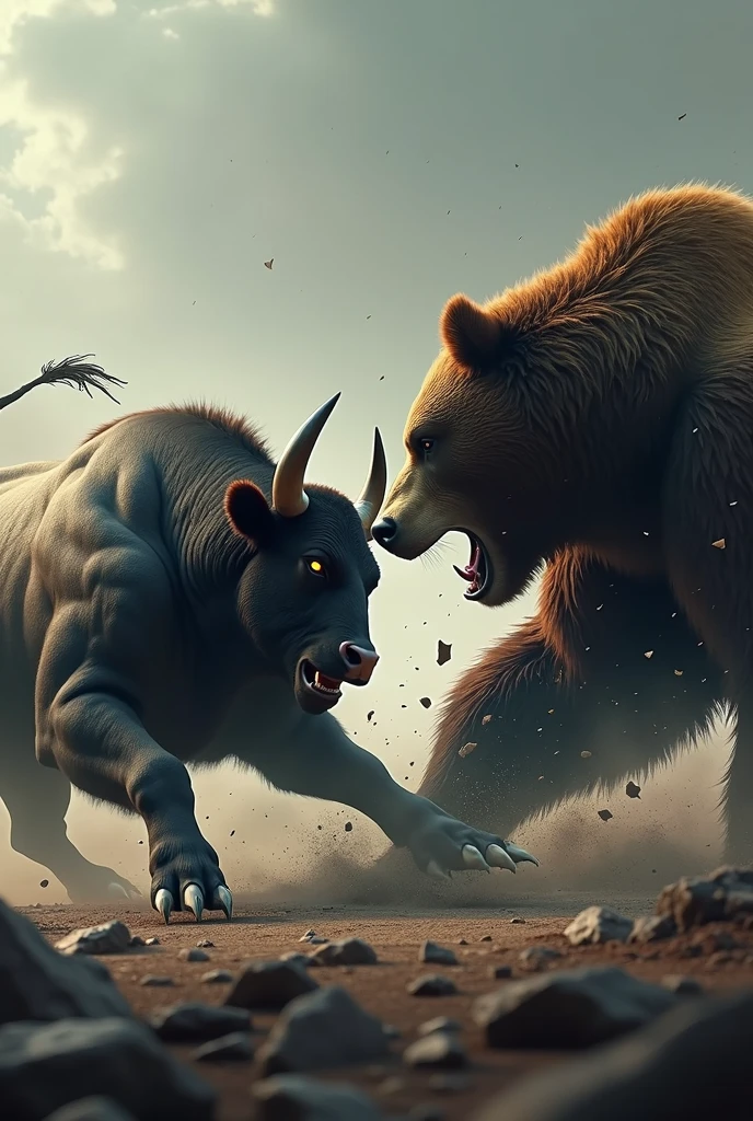 bull fighting against bear, bleak tone, day trade, candle stick, investimentos, Futurism, 真实感