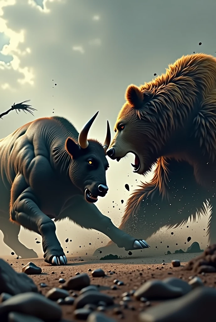 bull fighting against bear, bleak tone, day trade, candle stick, investimentos, Futurism, 真实感