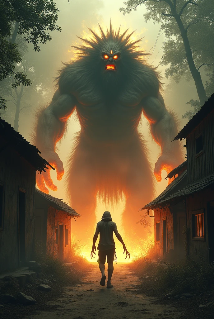 An old, dilapidated village surrounded by dense trees. A fearsome Brahmarakshas, a ghostly figure with a muscular build and a face contorted in rage, is attacking a terrified villager. The Brahmarakshas has a third eye on its forehead, fiery aura, and long, sharp claws reaching out towards its victim. Lafgh