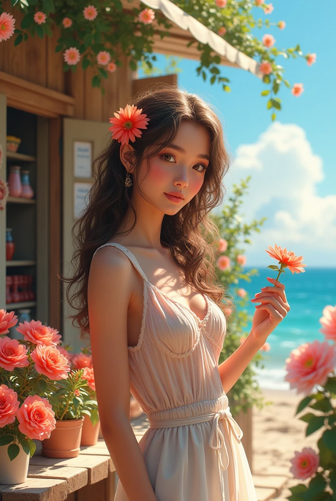 Near the sea, a small flower shop full of flowers, sunny day, next to the shop, next to the pictures, next to the portraits, a beautiful girl, holding a flower, with long curly hair, a tiny red flower on one side