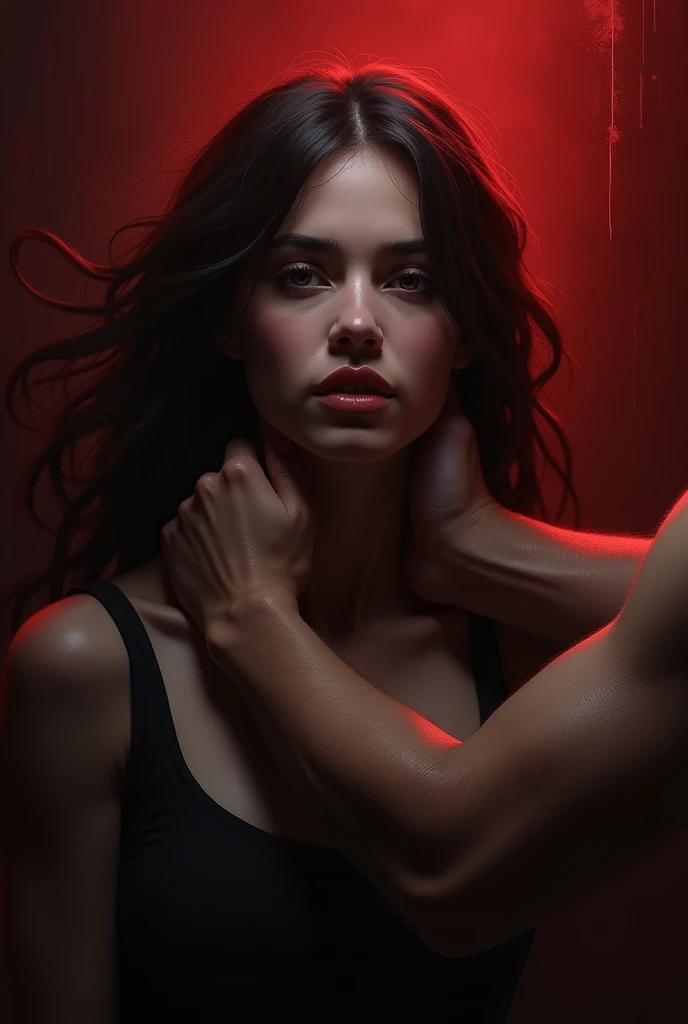 I want a book cover, with a woman and a male hand on her neck, and she has a neutral face, without expression. A more reddish and dark background