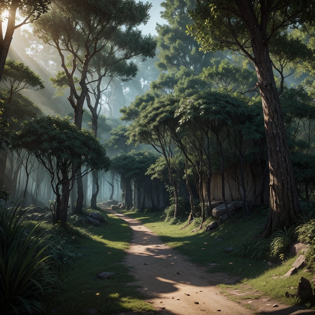 Mapa de rpg de mesa, of a village surrounded by a dense and mysterious forest, with high quality, Amazing details and engaging atmosphere. Add dramatic lighting and shadow elements to increase scene immersion. The path leads to a village