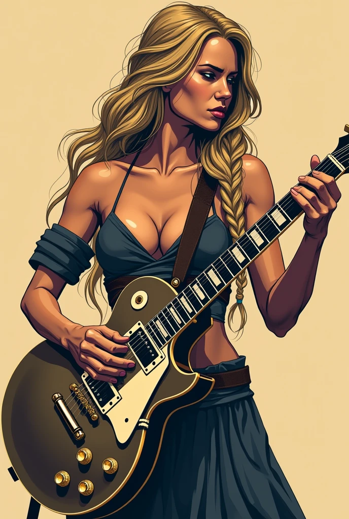 flat vector of a sexy busty viking lady, she is blond. her hair is braided on the right side of her head. she is playing a gibson les paul