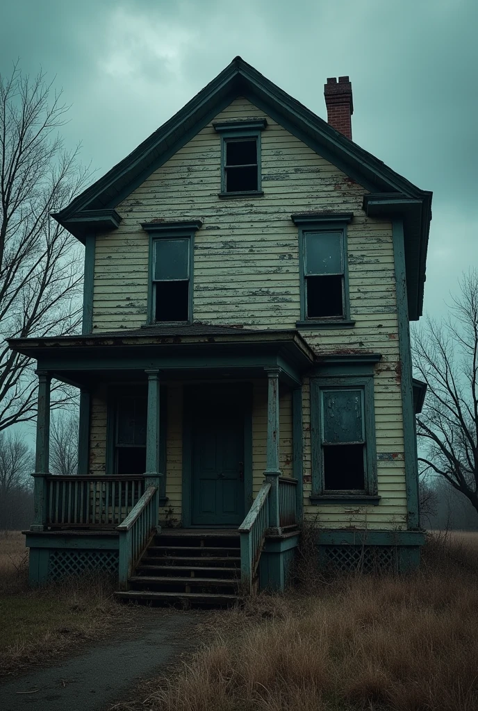 The Old House Exterior: A dilapidated, two-story house with overgrown weeds and cracked windows. The paint is peeling, and the atmosphere is eerie, with an ominous dark sky.