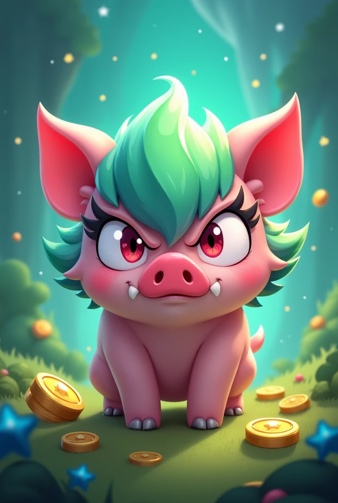 Pig looks small, pastel pink color, large eyes, shiny and green gradient with blue, eyelashes, an angry expression with 2 small fangs, gold coins and gems, In the background put a green background with blue and stars, Make the design like the Brawl Stars characters, 2d, Brawl tsras