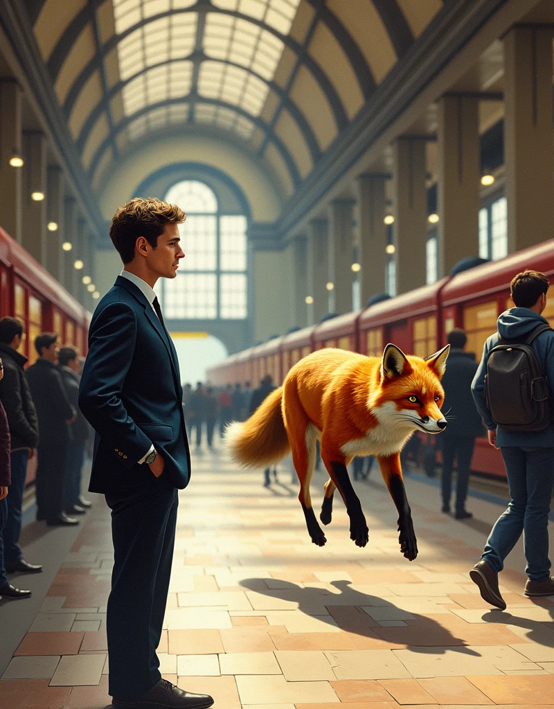 A drawing of a man staring at an orange fox running through a train station