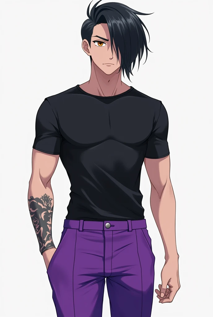Make an anime character with black hair to the side and a black shirt and purple pants with Masculine 