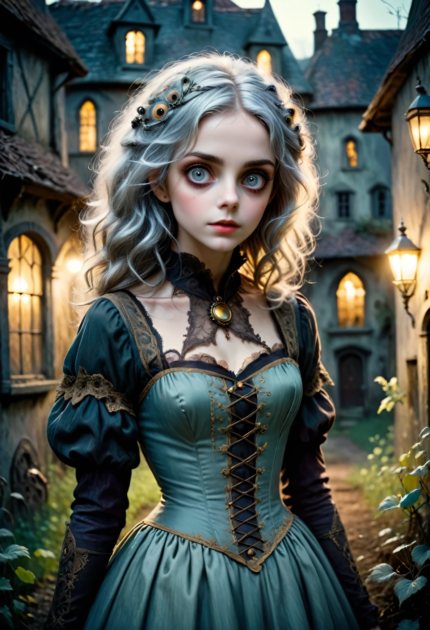 Vibrant, analog photo style, depths of field, (cute woman with big doll's eyes, messy grey hair, surrounded by a dark horrible antique setting), (don't be afraid of the night, be afraid of those you might meet at night), (her full body is a visual pleasure), extremely sexy, gloomy dark atmosphere, deep shadows with the some sun rays, a delicate balance between beauty and darkness, faded colours, great quality, Masterpiece, blurred gloomy background, naturally cinematic light, 16k quality, kodak porta 400, bokeh.
