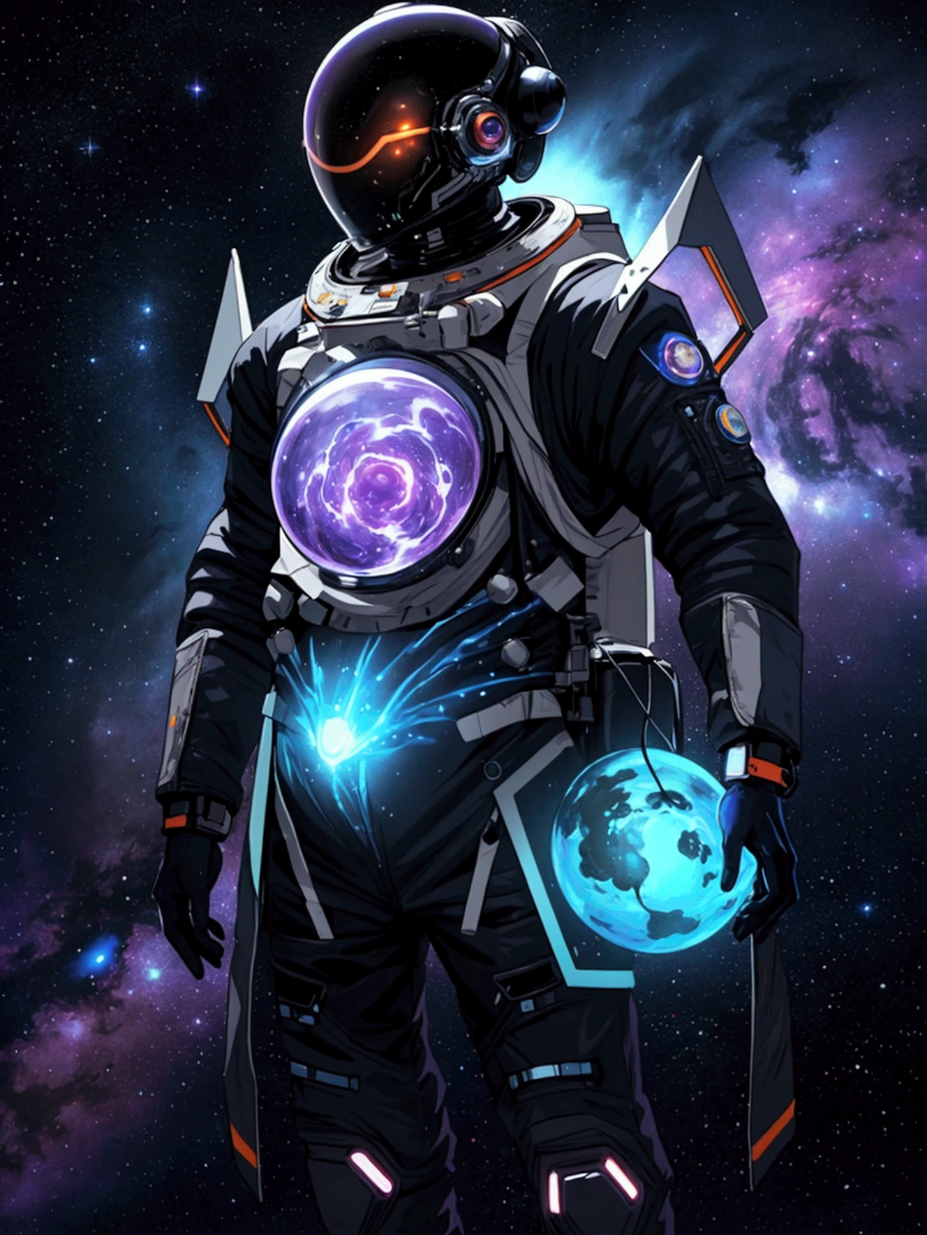 a character that is in the middle of a transformation from a human astronaut to a cosmic entity. The left side of the character should feature a detailed high-tech spacesuit with a glowing orange visor, representing the astronaut. The right side should depict a chaotic, alien-like form made of swirling purple and black cosmic energy with glowing elements. The transformation should be visibly in progress, with parts of the astronaut suit blending into the cosmic form. The background should be a dark gradient to highlight the contrast between the two sides. Include various symbols and objects beneath the figure that relate to the transformation process., anime character style