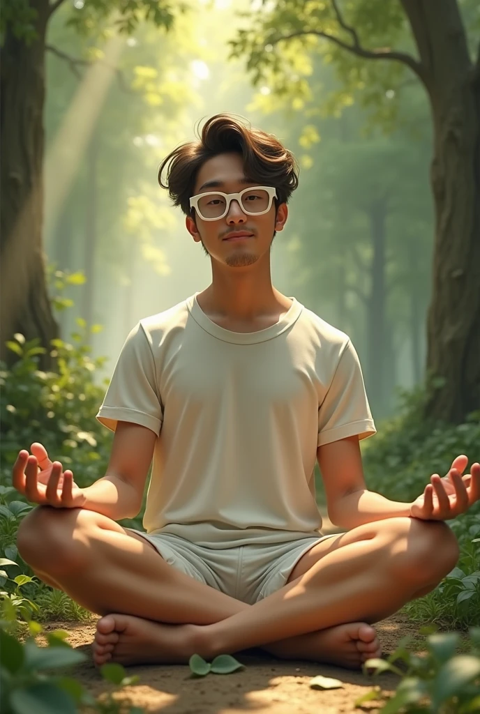 A gentleman with the color of beige, sitting in the woods with his legs crossed, WITH WHITE GLASSES, with little white shorts