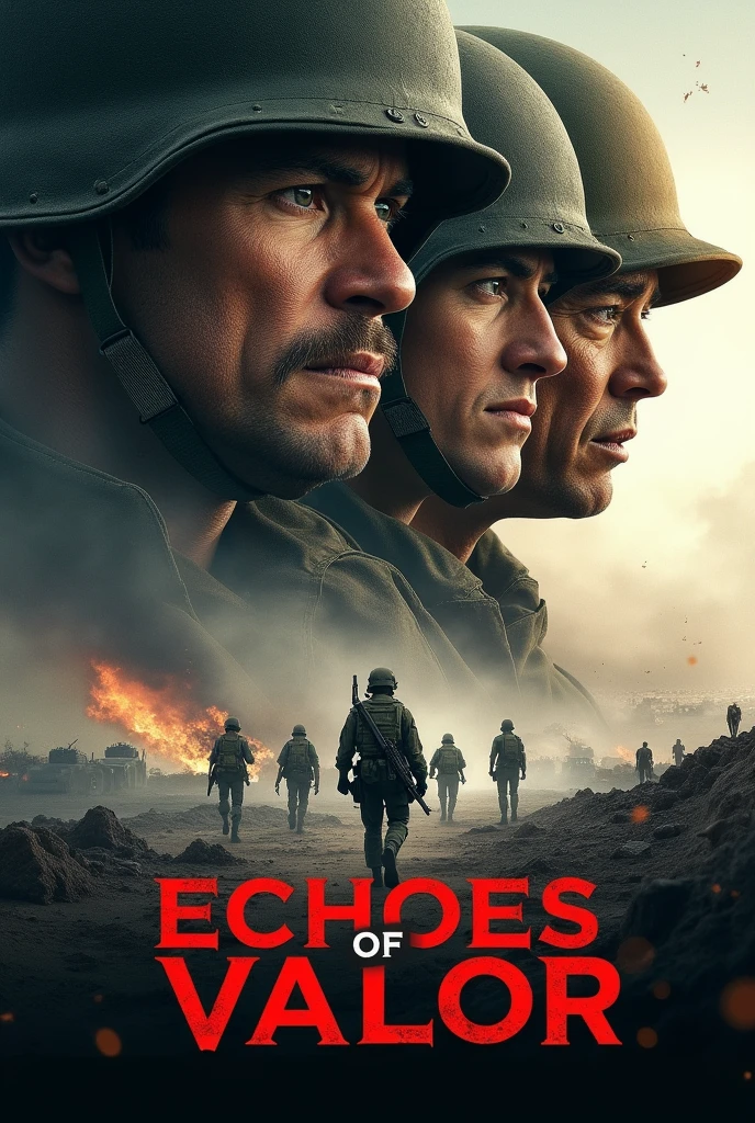 A powerful and realistic Movie poster with the title"ECHOES OF VALOR" images and title must be bold and visible.