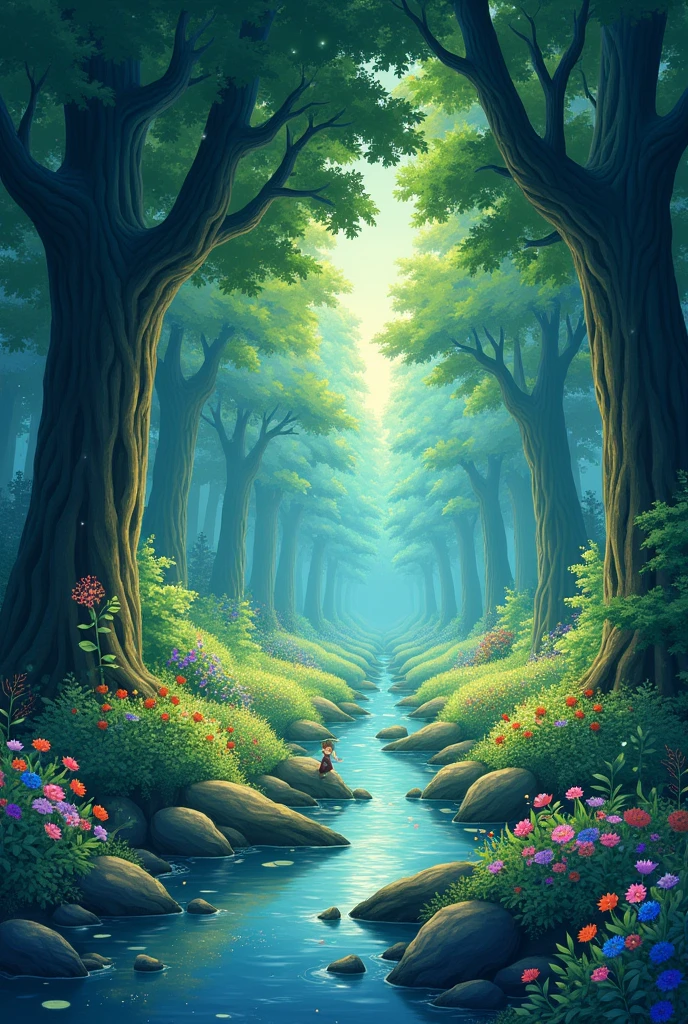 Viral anime nature wallpaper in 4K quality, in the digital illustration style inspired by Hayao Miyazaki, featuring a serene forest with towering ancient trees, dappled sunlight filtering through leaves, a gentle stream flowing through the scene, and mystical creatures peeking out from behind the foliage; vibrant and warm color temperature, cosmic illumination with twinkling stars in the sky, without human characters, the atmosphere is peaceful and charming --v 5 --style 1000