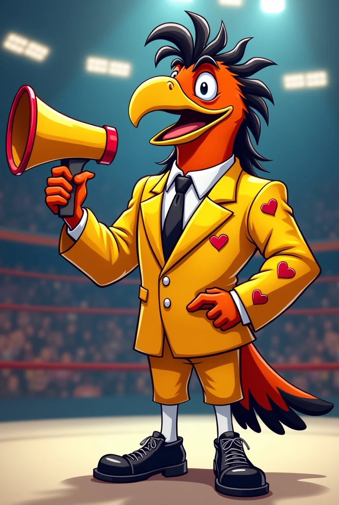 Cartoon hawk dressed like WWE wrestling manager Jimmy mouth of the South hart.
Cartoon hawk face, cartoon hawk hands. Black mustache, black mullet hair, yellow suit ordained with red hearts. White socks. Black dress shoes. Holding a yellow and red megaphone