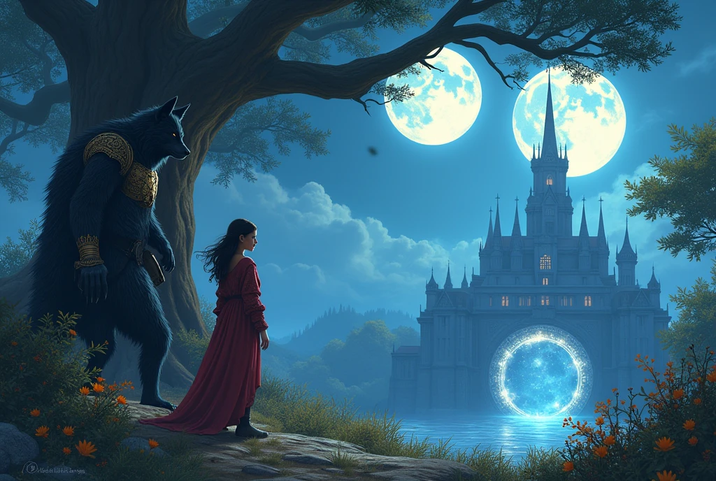 A girl who goes on an adventure in the moonlit land with a werewolf king dressed in an ancient warrior costume. There is a palace in this land and a dimensional gate under the roots of a giant tree. There are two moons in the sky. I want it to be a fantasy novel and a horizontal picture.