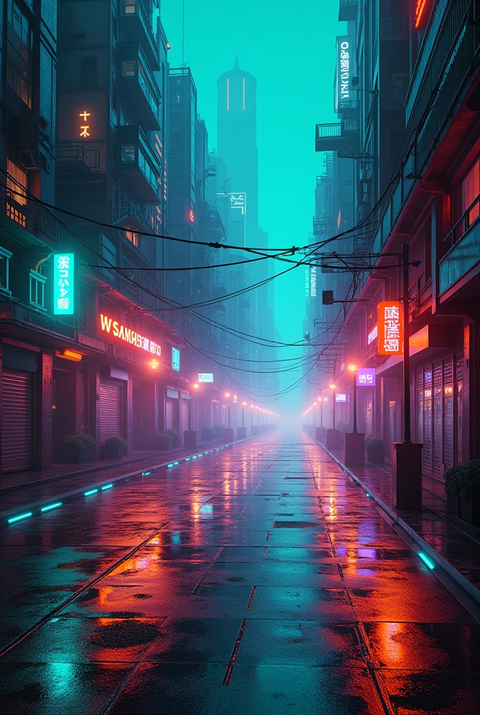 A neon road with buildings and teal , orange and purple lights and shiny floor more dangerous without peoples
