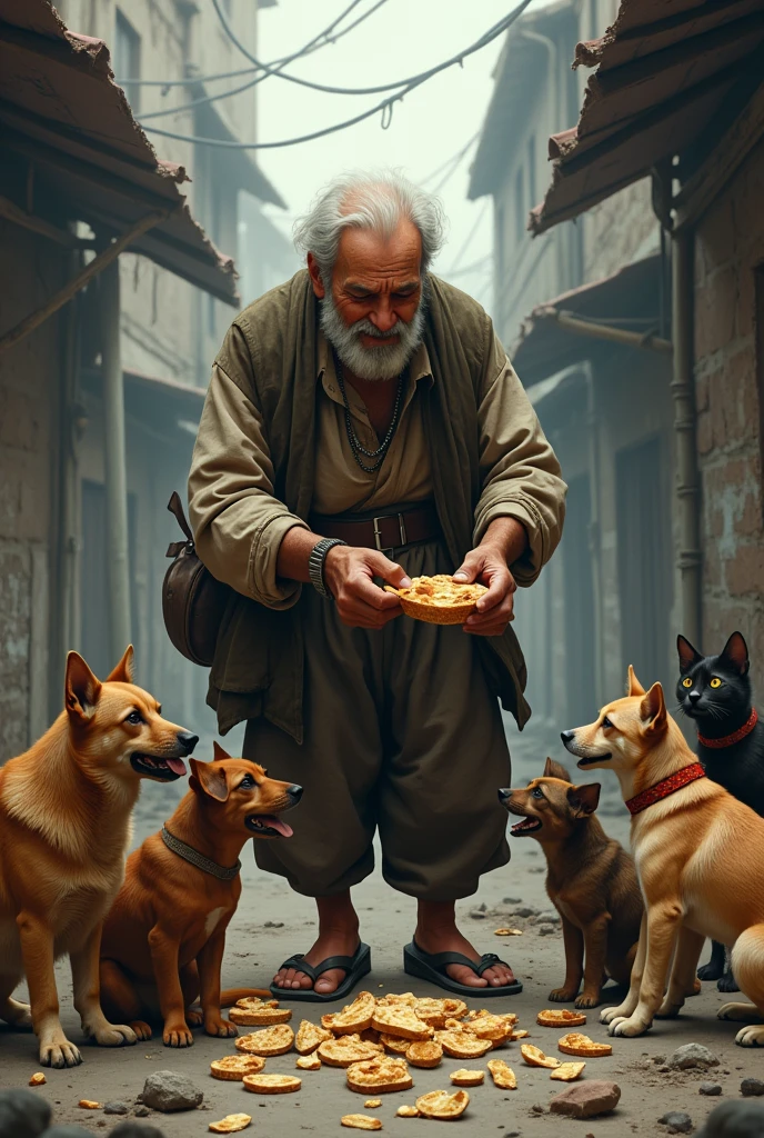 Poor man feeding foods for pets & dogs