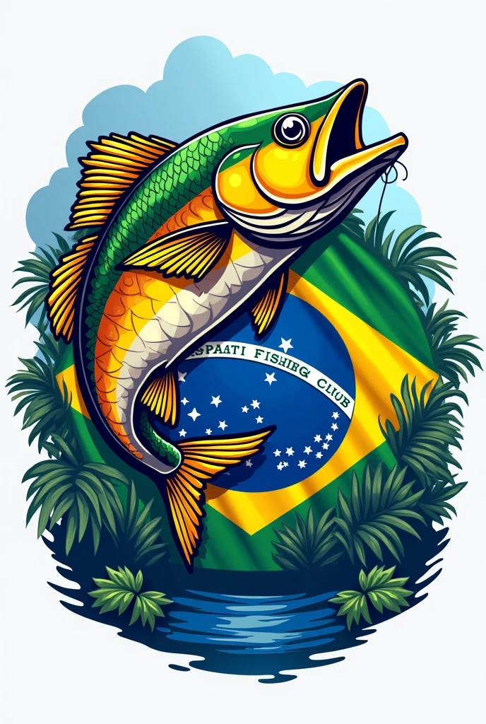 The logo of a South American fishing club and a Brazilian fish jumping out of the water in the style of a flag and the acronym SAFO