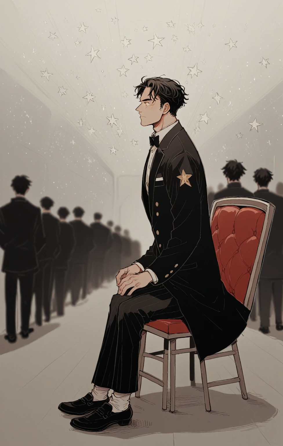 score_9, score_8_up, score_7_up, score_6_up, score_5_up, score_4_up, 1boy, dark hair, overcoat,  profile half front view, full body, shot seen form afar, suit, dark social shoes, dark background, cosmic lights, stars bright on background, composition in a blurry background, seats of a theater being seen vaguely in the dark  blurry background, sketch, little light, shadows of people siiting, blurry, 2d, digital paiting, tick outline