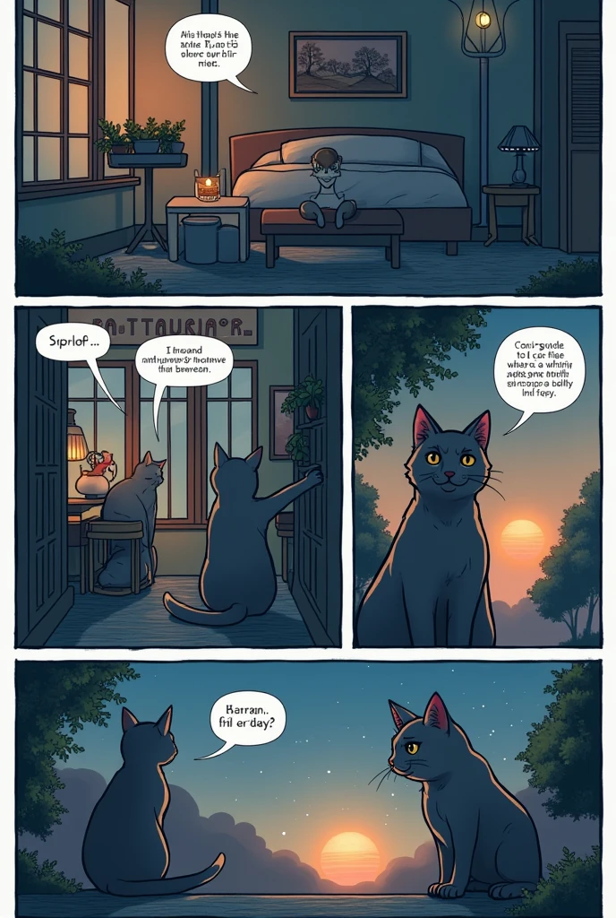 Title: Lessons of Betrayal (Cats Version)
SCENE 1:
Panel 1:
There isgen: the protagonist, officer, an anthropomorphic cat with grey fur, receives a message on his phone. His face shows surprise and sadness. In the message, There is evidence that your partner, Carlos, a black fur cat, he cheated on her.
Text (in a narrative box): "Sometimes, The truth hurts more than we imagine."
Panel 2:
There isgen: officer, with tears in the eyes, confront Carlos, who lowers his ears and tail as a sign of guilt.
Dialogue (officer): "How could you do this to me?? I thought our thing was real."
Panel 3:
There isgen: Carlos is leaving, dejando a officer sola en su habitación, with its tail wrapped around its legs, while the dark night envelops her. officer se sienta en su cama, hugging a pillow, while the stars shine through the window.
Text (in a narrative box): "The pain of betrayal is deep and overwhelming."
SCENE 2:
Panel 4:
There isgen: Time passes. officer está en una cafetería, talking with her friend, Mariana, a cat with white fur. officer luce más tranquila, although there is still a trace of sadness in his eyes.
Dialogue (Mariana): "How do you feel now?, officer?"
Dialogue (officer): "stronger. I've learned that some people aren't meant to stay, but to teach us something important."
Panel 5:
There isgen: officer camina por un parque, with an expression of peace and determination on his feline face. The leaves fall gently around her, representing the passage of time. His ears are erect, symbolizing attention and renewal.
Text (in a narrative box): "Pain is temporary, but the lesson is eternal."
Panel 6:
There isgen: officer mira hacia adelante, with a new sparkle in his eyes. In the background, a dawn is in sight, symbolizing a new beginning. Her tail waves happily behind her..
Text (in a narrative box): "Every wound is a lesson that prepares us for a brighter future.."
Final Scene:
Panel 7:
There is