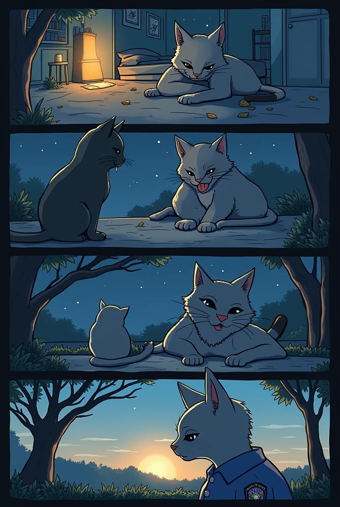 Title: Lessons of Betrayal (Cats Version)
SCENE 1:
Panel 1:

There isgen: the protagonist, officer, an anthropomorphic cat with grey fur, receives a message on his phone. His face shows surprise and sadness. In the message, There is evidence that your partner, Carlos, a black fur cat, he cheated on her.
Text (in a narrative box): "Sometimes, The truth hurts more than we imagine."
Panel 2:

There isgen: officer, with tears in the eyes, confront Carlos, who lowers his ears and tail as a sign of guilt.
Dialogue (officer): "How could you do this to me?? I thought our thing was real."
Panel 3:

There isgen: Carlos is leaving, dejando a officer sola en su habitación, with its tail wrapped around its legs, while the dark night envelops her. officer se sienta en su cama, hugging a pillow, while the stars shine through the window.
Text (in a narrative box): "The pain of betrayal is deep and overwhelming."
SCENE 2:
Panel 4:

There isgen: Time passes. officer está en una cafetería, talking with her friend, Mariana, a cat with white fur. officer luce más tranquila, although there is still a trace of sadness in his eyes.
Dialogue (Mariana): "How do you feel now?, officer?"
Dialogue (officer): "stronger. I&#39;ve learned that some people aren&#39;t meant to stay, but to teach us something important."
Panel 5:

There isgen: officer camina por un parque, with an expression of peace and determination on his feline face. The leaves fall gently around her, representing the passage of time. His ears are erect, symbolizing attention and renewal.
Text (in a narrative box): "Pain is temporary, but the lesson is eternal."
Panel 6:

There isgen: officer mira hacia adelante, with a new sparkle in his eyes. In the background, a dawn is in sight, symbolizing a new beginning. Her tail waves happily behind her..
Text (in a narrative box): "Every wound is a lesson that prepares us for a brighter future.."
Final Scene:
Panel 7:

There is