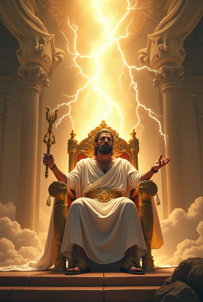 Make an ultra-realistic drawing, cinema picture, 4K resolution 1080px1025 A mighty throne of a king in heaven and a man in white robes sitting on it with a golden belt around his waist and Roman sandals. He holds a golden scepter in his hands, his face can't be seen, for a strong powerful light came out and said the throne and from it also came lightning bolts and thunder and an immense face. He seems to be very powerful, if he were God. however, his face can't be seen put a strong light coming out of his face, because no one can see the face of God.