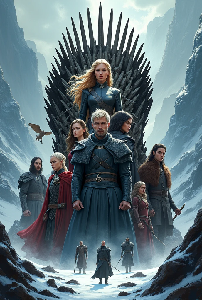 I want an epic poster in the style of Game of Thrones , where the most iconic characters of the series appear , let it be a drawing