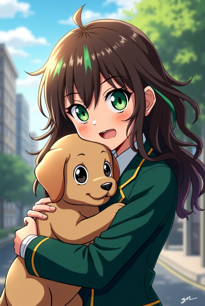 A brown-haired girl with green streaks with wavy hair and green eyes wearing the MHA uniform With a puppy she rescued 



