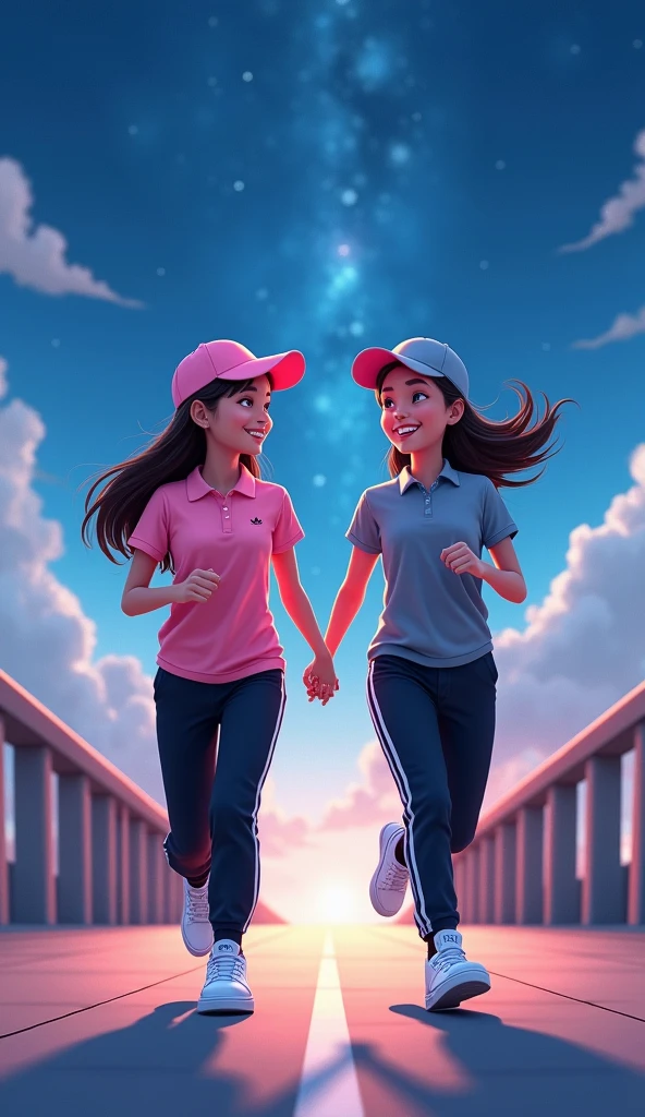 Two girls long black hairs, yuri

The first girl wear a pink polo shirt, pink cap, black sweatpants with three white stripes, pink polo shirt tucked into black sweatpants, white socks, white adidas sneakers

The second girl wore a grey polo shirt, grey cap, black sweatpants with three white stripes, grey polo shirt tucked into black sweatpants, white socks, white adidas sneakers

running on the wide bridge, holding hand, smiled, fantastic night blue sky, novel cartoon, 4K, HD