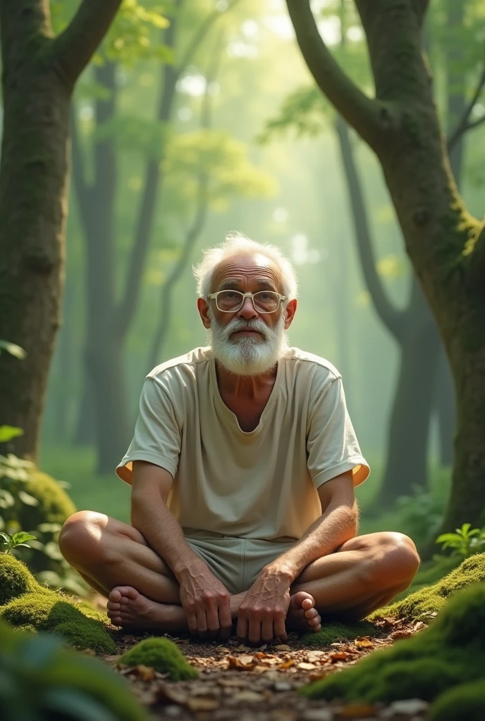 An elderly gentleman with beige skin, sitting in the woods with his legs crossed, WITH WHITE GLASSES, with little white shorts
