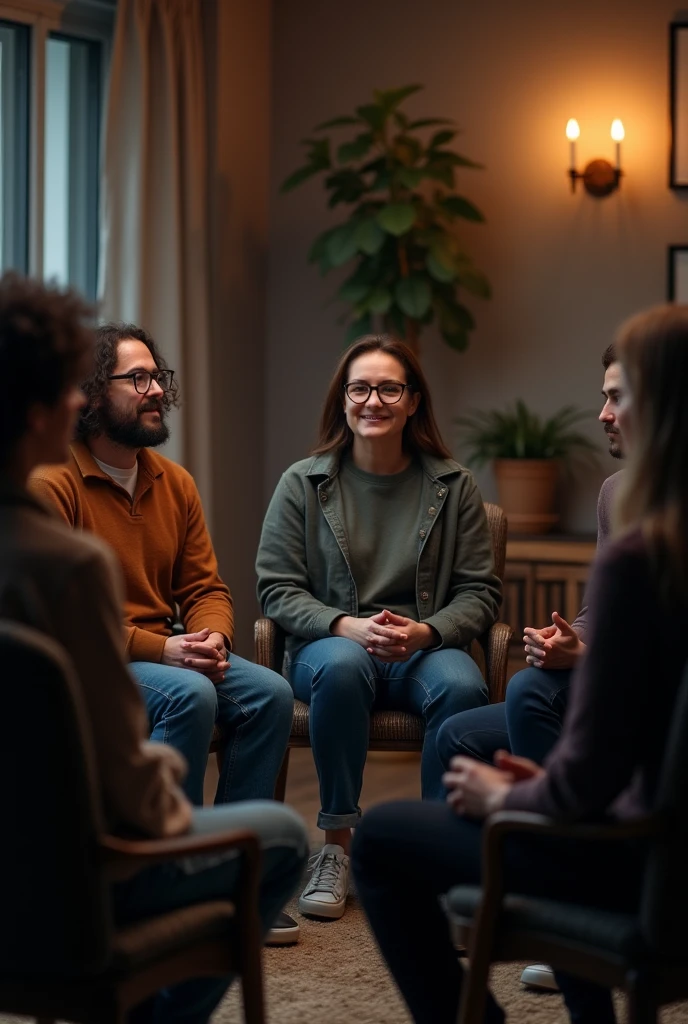 group therapy, people sittin on chairs, forming a circle, hyperrealistic photo, atmospheric lights