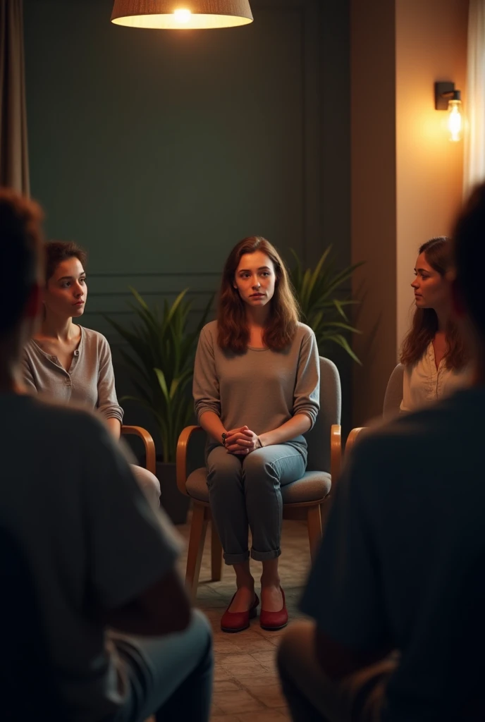group therapy, people sittin on chairs, forming a circle, hyperrealistic photo, atmospheric lights