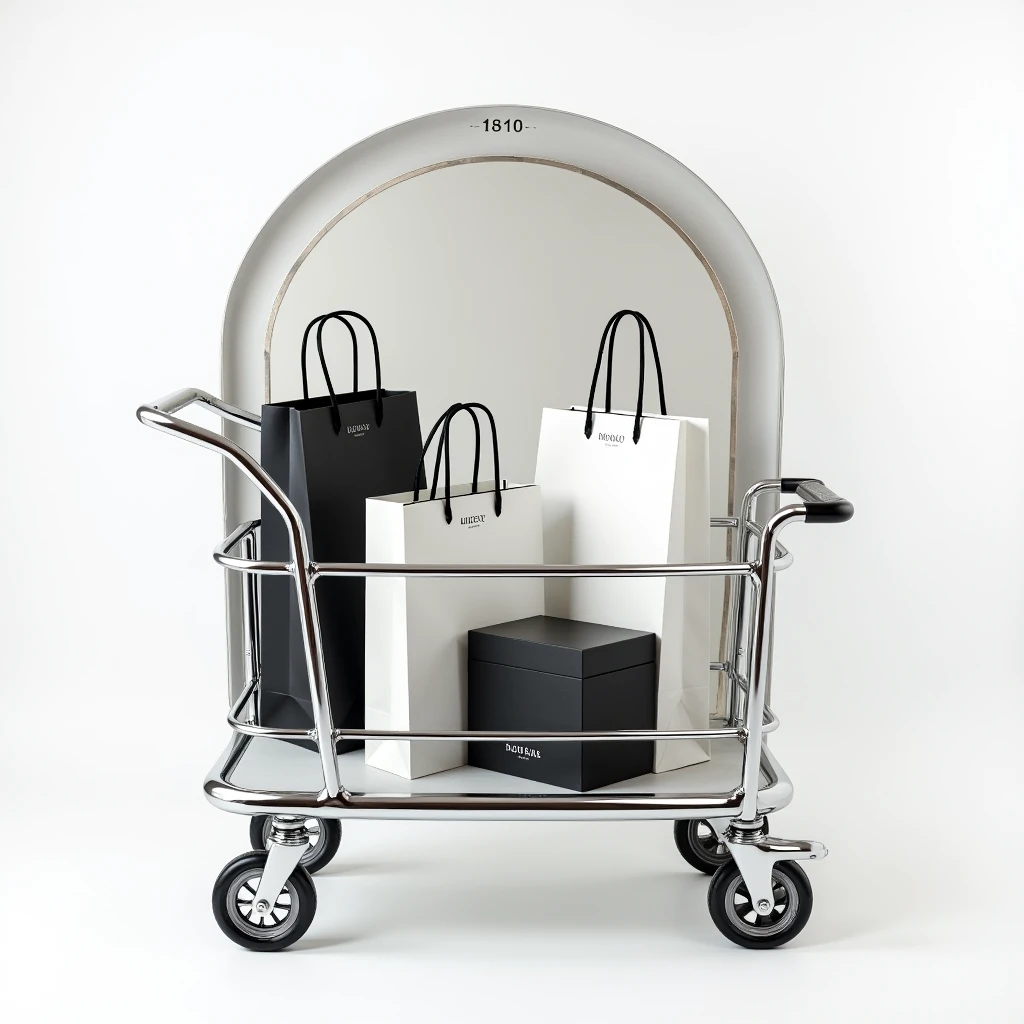 A luxurious silver vintage hotel tall luggage cart with a curved arch as roof and polished chrome finish. The cart is stacked with XXL wide white BOSS shopping bags featuring bold black logos and white handles. Also included are large matte black boxes. Set against a clean white studio background, the design emphasizes elegant branding and minimalist luxury.