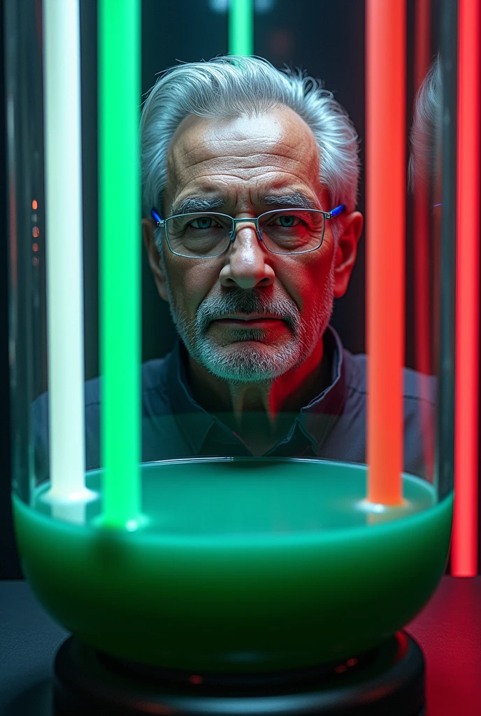 Miguel de la Madrid with a futuristic style fluid tank that is filled with three tubes of different colors., one white, another green and the last red all neon colored slowly filling the tank
