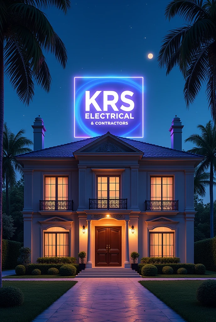 In background of poster of electrical advertising poster A luxurious bangalow in night with the logo of KRS Electrical & Contractors 