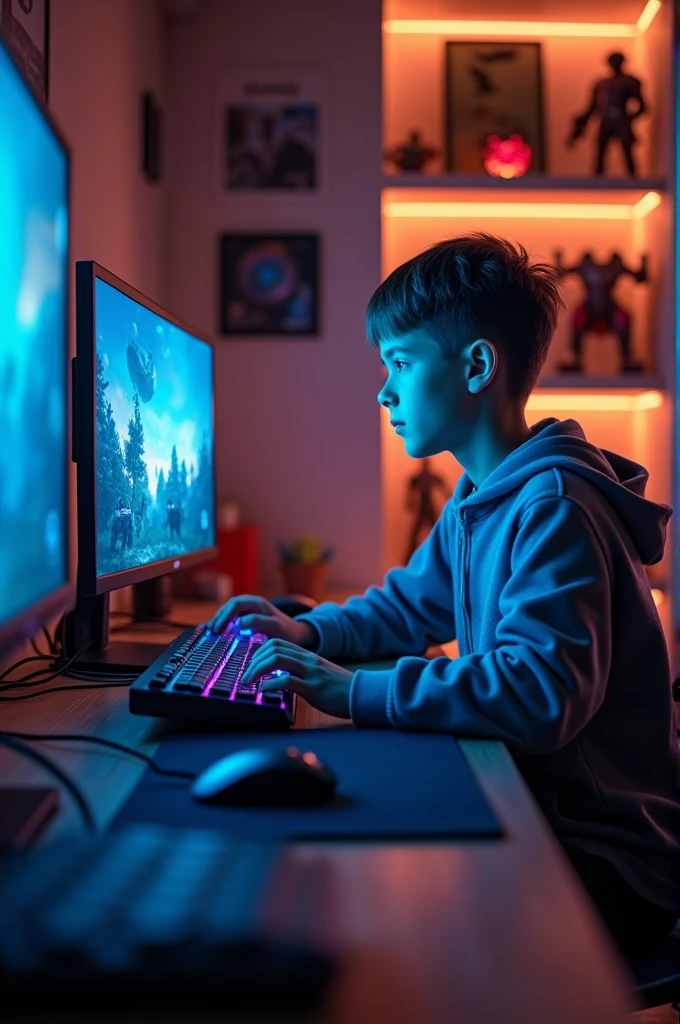 A boy playing pc games on desktop