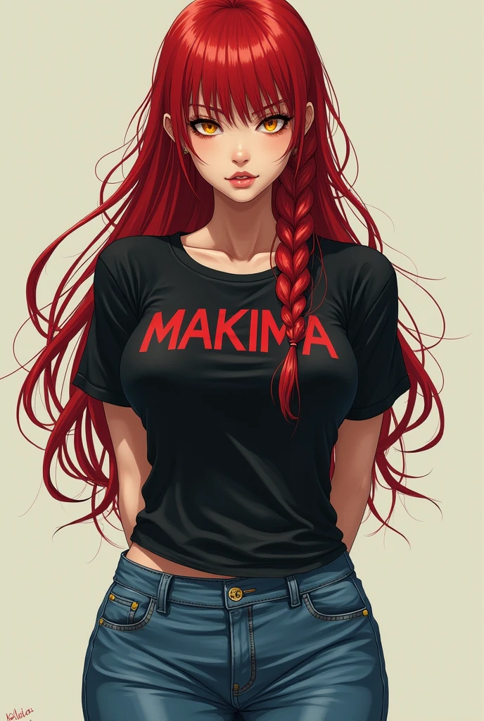 beautiful japanese girl, Makima, chainsaw man, red hair with single braid, yellow eyes, wearing black t-shirt with Makima written on it, blue jeans, long black hair,arms behind back, giving yakuza vibes, realistic, intricate details, hard colors, big breasts,