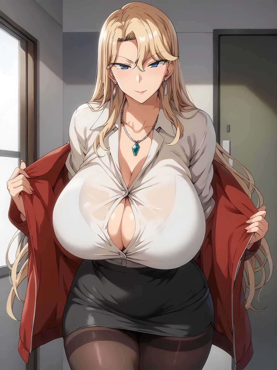 1 girl, ReikaKurashiki, red_jacket:1.2, huge breast, thick body, long_sleeves, heart_necklace, white shirt, collared shirt, pantyhose, pencil skirt, earrings, jewelry, gem, bangs, blonde_hair, blue_eyes, long_hair, (((scene : showing her big ass to view)))