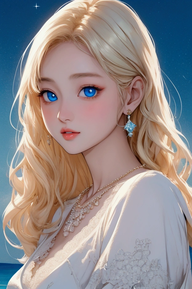 (masterpiece、Highest quality、8k、High resolution)、(The best beautiful girl)、Best Style、(The most beautiful face、Beautiful Skin、Clean blue eyes、Beautiful Lips、Beautiful Nose)、Blonde、Ample breasts、White lace dress、Walking on the beach、look back、Ocean、You can see the forest、A bright night with the stars clearly visible、Beautiful starry sky、milky way、(体whole bodyから神秘的な光の粒子、Colorful light)、(jewelry、necklace)、(whole body)、Highly detailed anime art、A complete portrayal、