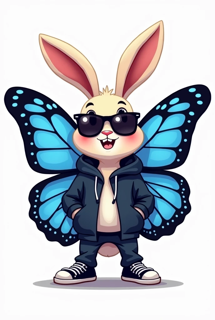 Create a simple logo of "Rabbit with stylish blue and black dorsal butterfly wings, wearing hoodies, sunglasses and shoes"