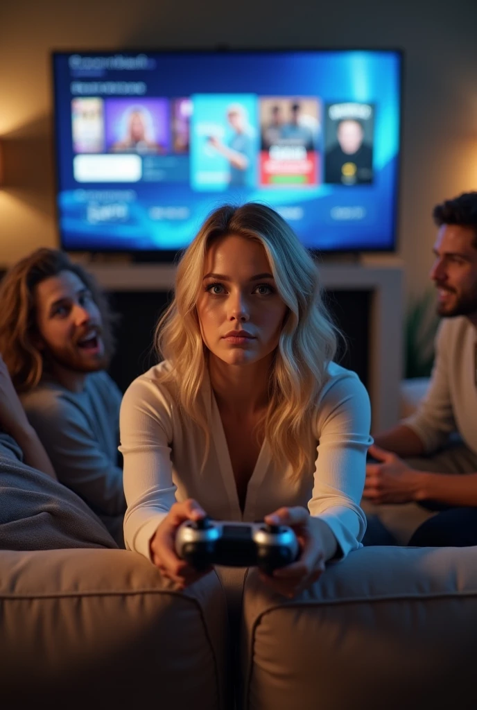 (photorealism:1.2),Beautiful blonde woman holding a playstation controller sitting on the couch with more friends while they are in front of a big television while playing video games