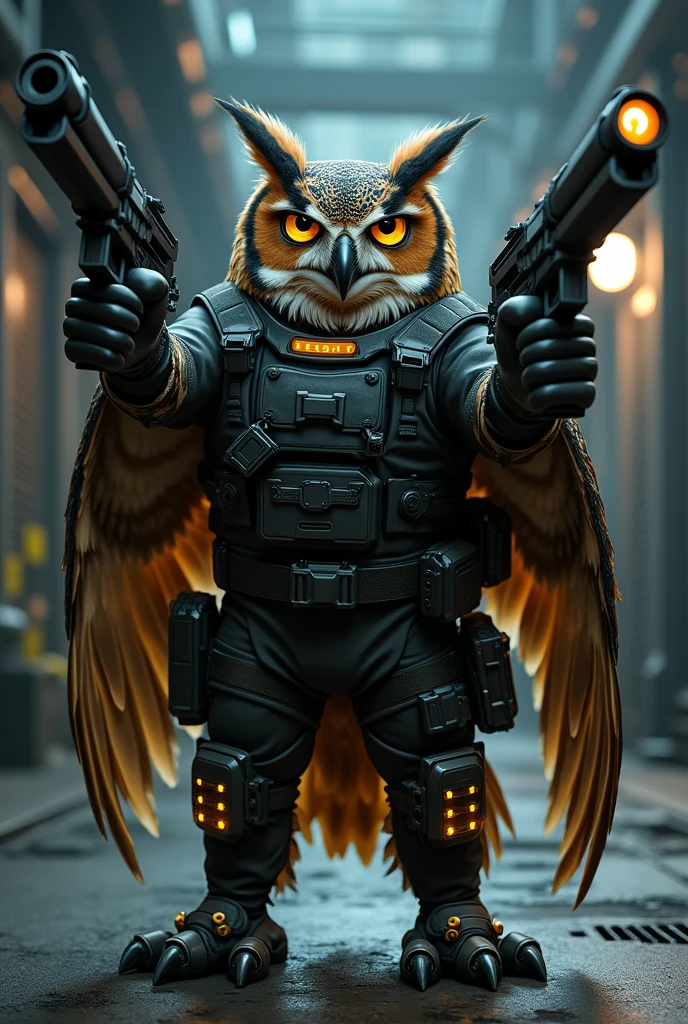 Create an owl with shotguns in a security uniform.