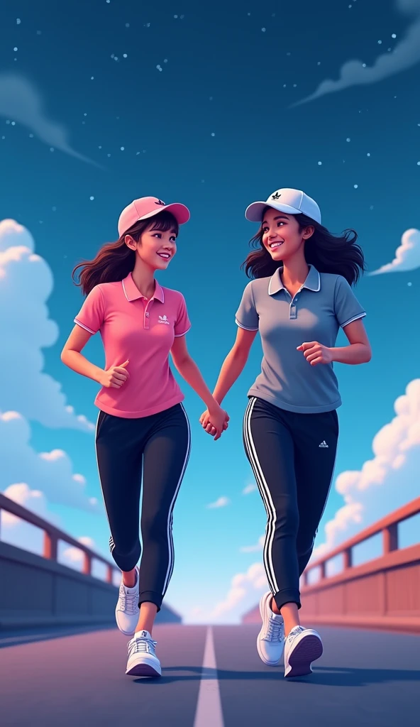 Two girls long black hairs, yuri

The first girl wear a pink polo shirt, pink cap, black sweatpants with three white stripes, pink polo shirt tucked into black sweatpants, white socks, white adidas sneakers

The second girl wore a grey polo shirt, grey cap, black sweatpants with three white stripes, grey polo shirt tucked into black sweatpants, white socks, white adidas sneakers

running on the wide bridge, holding hand, smiled, fantastic night blue sky, novel cartoon, 4K, HD