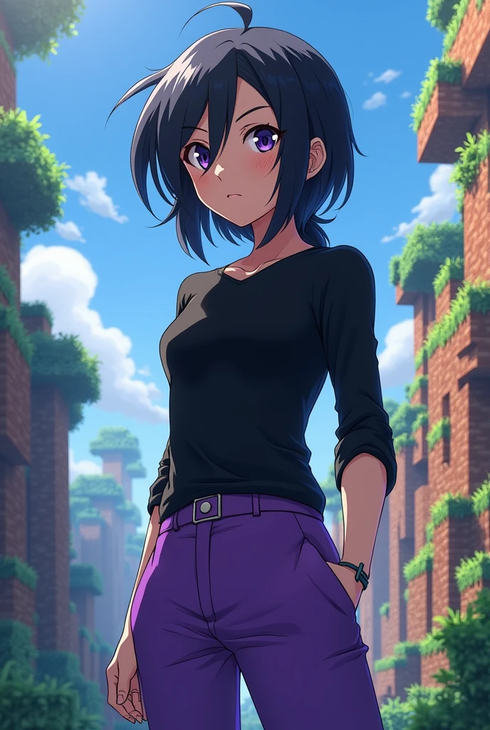 Make an anime character with black hair to the side and a black shirt and purple pants with Masculine Medium hair and bile Inspired by Minecraft