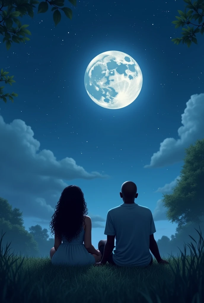 Fat  long haired woman and Nigerian  bald man sitting on the grass looking at the sky full moon and stars