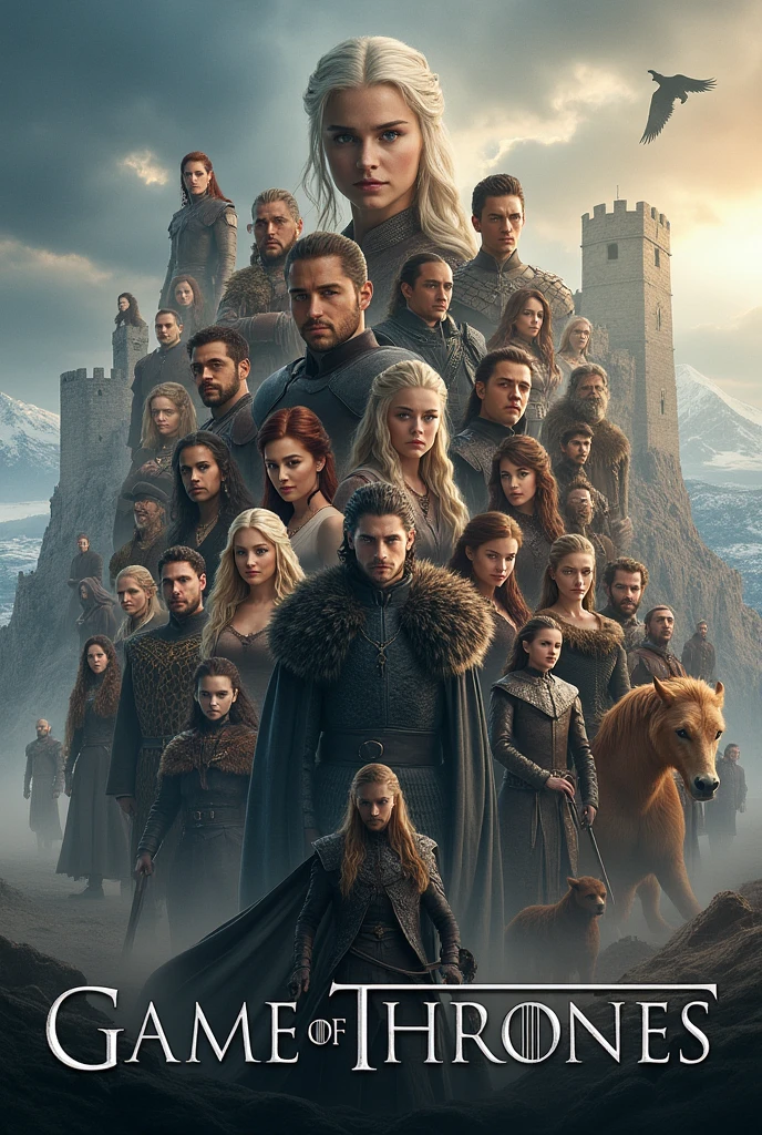 I want an epic poster in the style of Game of Thrones , where the most iconic characters of the series appear , fan art drawing mode
