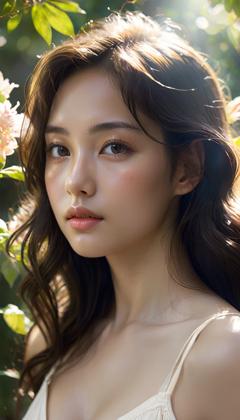 (best quality, highres, ultra-detailed, realistic:1.37), a 16yo half Italian girl with breathtaking beauty under the dappled sunlight, a nude art piece in the style of oil painting, depicted with stunning realism and intricate details. The girl has porcelain-like skin, radiant with a soft glow. Her mesmerizing eyes are filled with depth and emotion, enhanced with long, dark lashes. Her full, luscious lips are delicately painted with a hint of natural color. Long, flowing locks of hair cascade down her back, catching the gentle rays of sunlight.

The girl stands gracefully in a picturesque garden, surrounded by vibrant flowers and lush green foliage. The warm golden sunlight filters through the branches, casting enchanting shadows on her flawless form. The scene exudes a sense of tranquility and serenity, as if time has momentarily stood still.

The textures of the flowers and leaves are rendered with rich colors and intricate details, bringing them to life on the canvas. The overall composition showcases a harmonious balance between light and shadow, accentuating the girl's ethereal beauty.

The color palette of the painting is dominated by warm tones, with hints of soft pastels to add a touch of whimsy. The sunlight bathes the scene in a warm, golden glow, illuminating the girl's fair complexion and casting a soft, romantic atmosphere.

The lighting in the artwork is carefully crafted, emphasizing the natural play of light and shadow. The subtle interplay of highlights and shadows enhances the depth and dimensionality of the girl's figure, adding a sense of realism to the painting. The soft, diffused light further enhances the dreamlike quality of the scene, creating a magical and captivating ambiance.

The resulting artwork is a masterpiece of beauty and artistry, capturing the essence of a girl's innocence and vulnerability in a mesmerizing and timeless, (NSFW:1.2) 