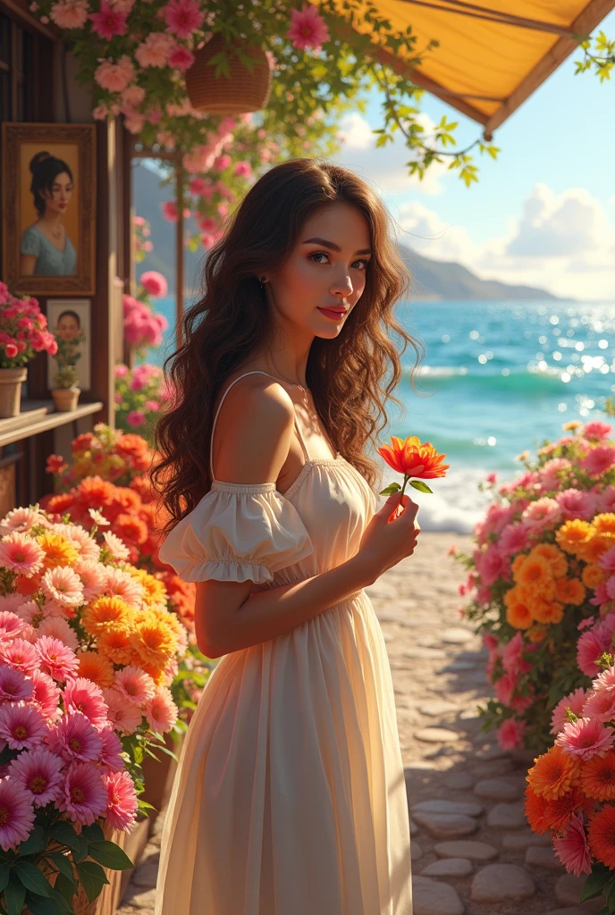 Near the sea, a big flower stall full of flowers, a sunny day next to the stall, pictures next to portraits, a beautiful girl holding a flower, long curly hair, a tiny red flower at one end